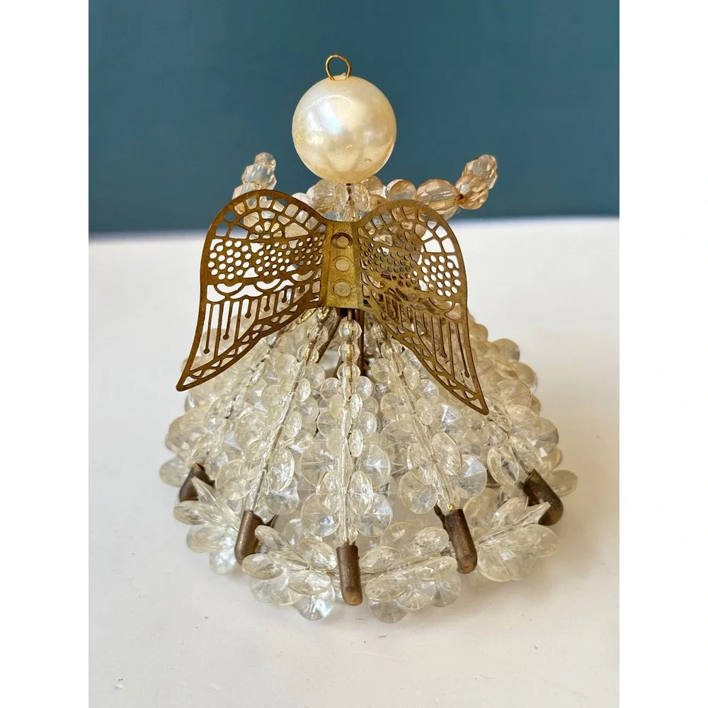 Vintage Beaded Angel Ornament Tree Ornament Safety Pin  Filigree 4 Inch